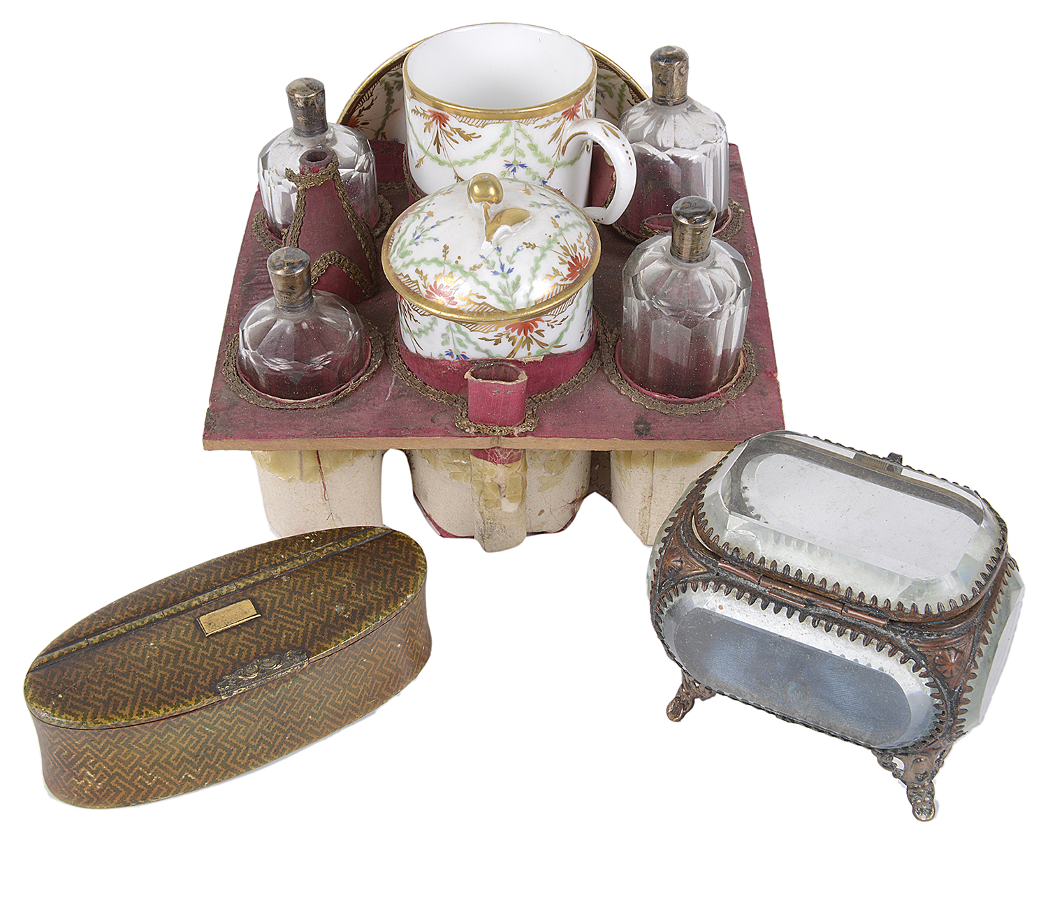 A Continental porcelain and glass travelling set, c1900