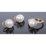 An attractive contemporary cultured pearl and diamond daisy cluster ring and the matching earrings