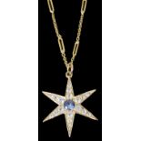 A blue and white sapphire set star pendant on fancy link chain