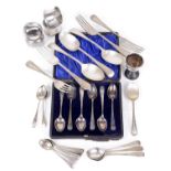 A collection of Victorian and later silver, napkin rings, flatware, coffee spoons,