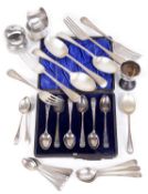 A collection of Victorian and later silver, napkin rings, flatware, coffee spoons,