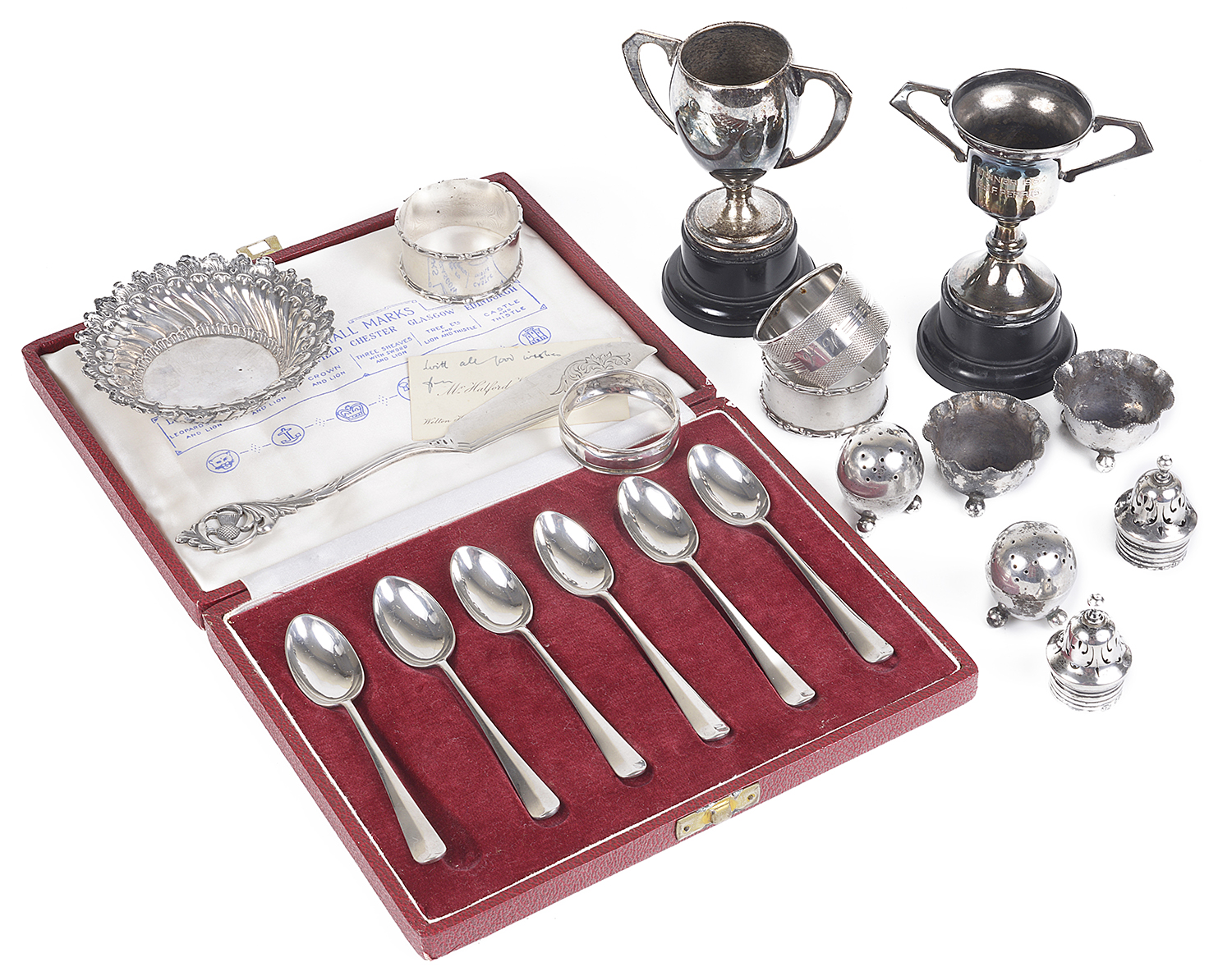 A collection of silver, teaspoons, cruets, trinket dish