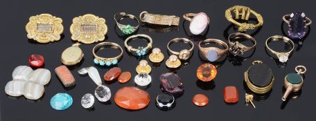 A Victorian hard stone set watch key and a collection of mainly Victorian jewellery and loose stones