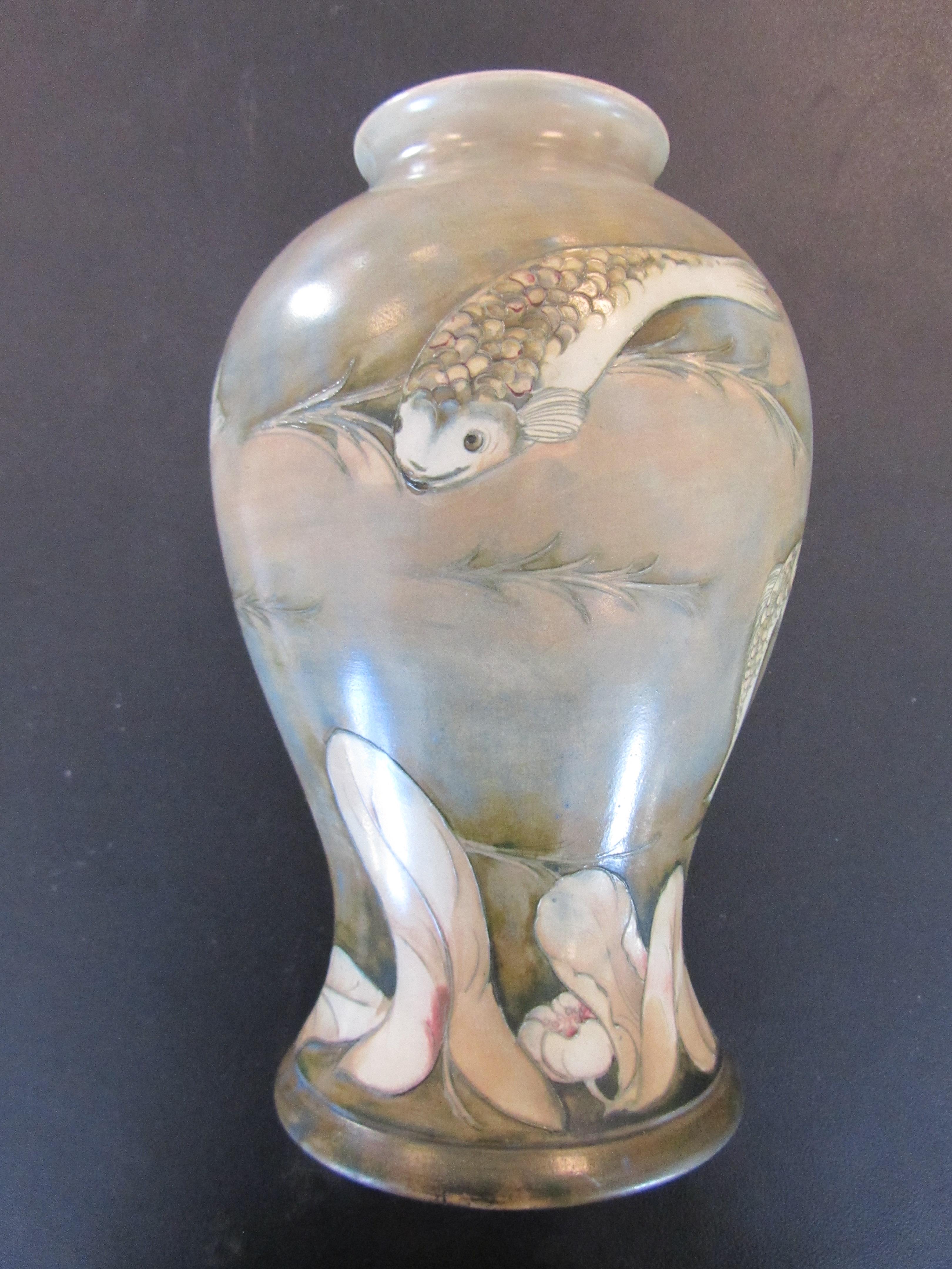 An unusual large William Moorcroft 'Fish' salt glazed vase, c1930's - Image 8 of 16