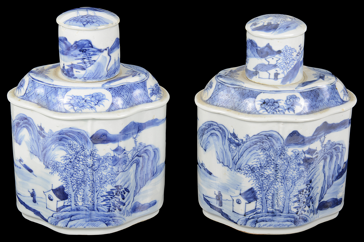 A pair of early 19th century large Chinese export ware blue and white tea poys and covers