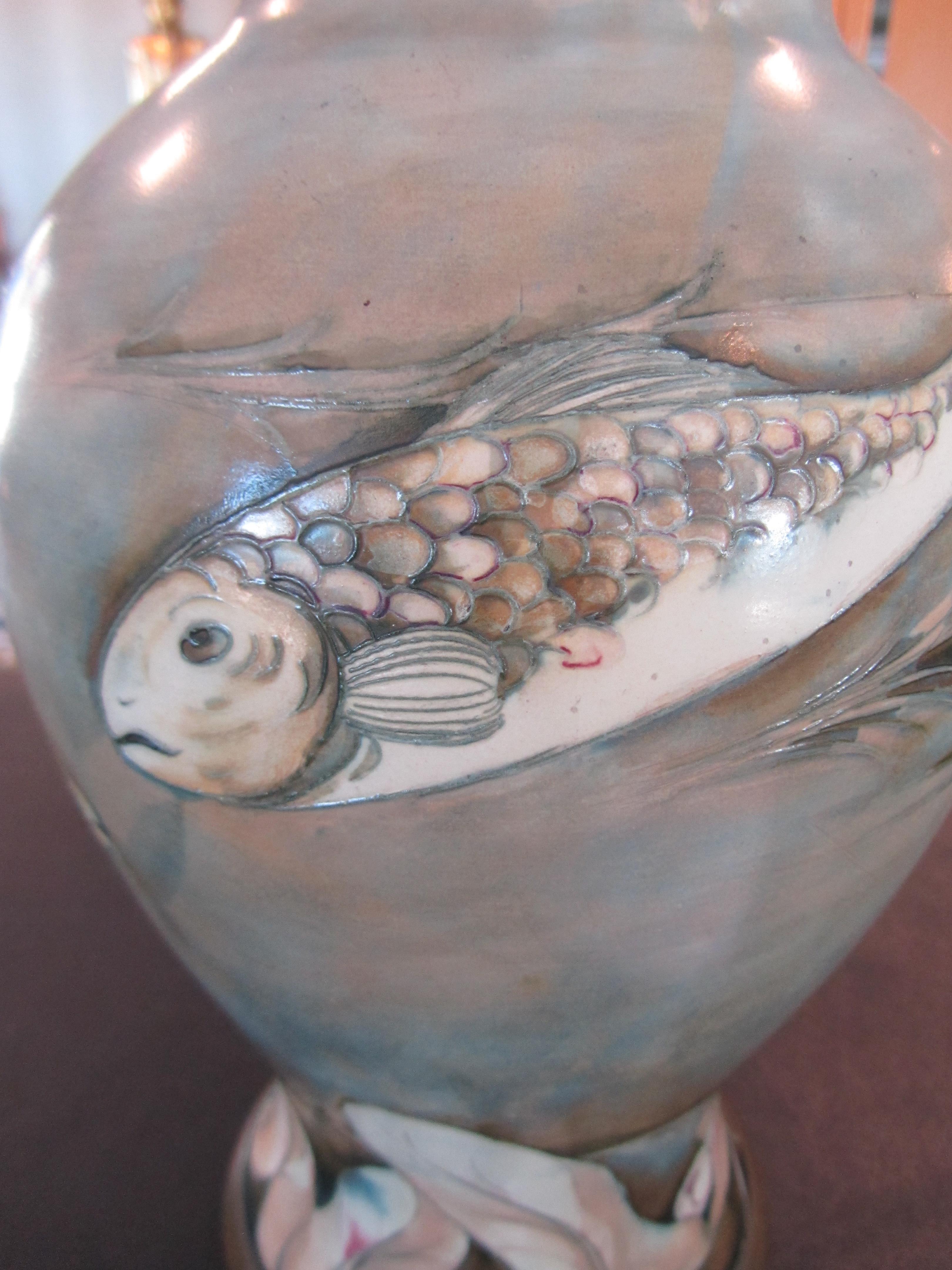 An unusual large William Moorcroft 'Fish' salt glazed vase, c1930's - Image 12 of 16