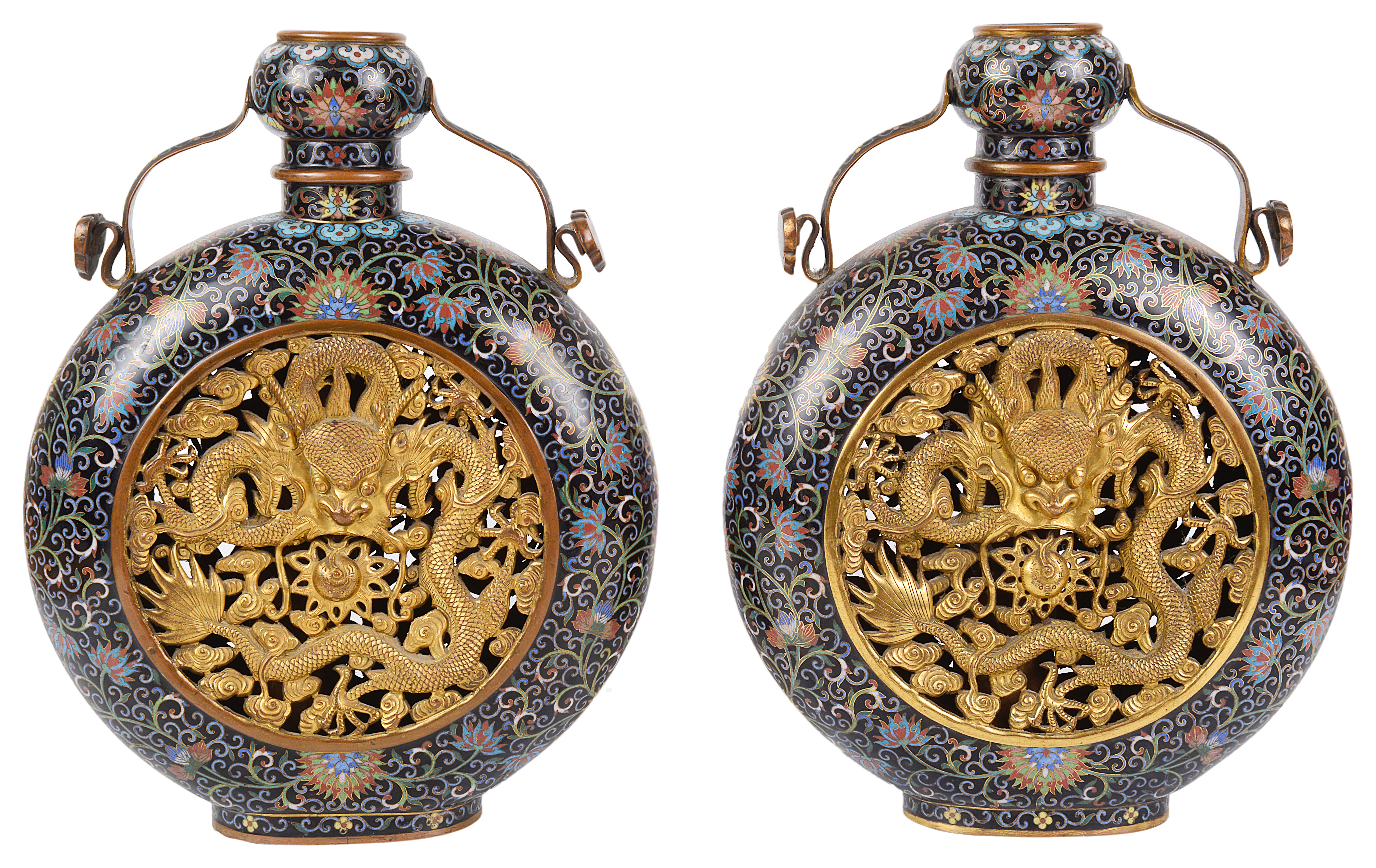 A large pair of fine Chinese late Quainlong 18th century pierced cloisonné moon flasks - Image 3 of 20