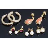 A pair of 18ct gold coral set drop earrings and other earrings