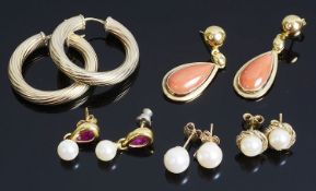 A pair of 18ct gold coral set drop earrings and other earrings