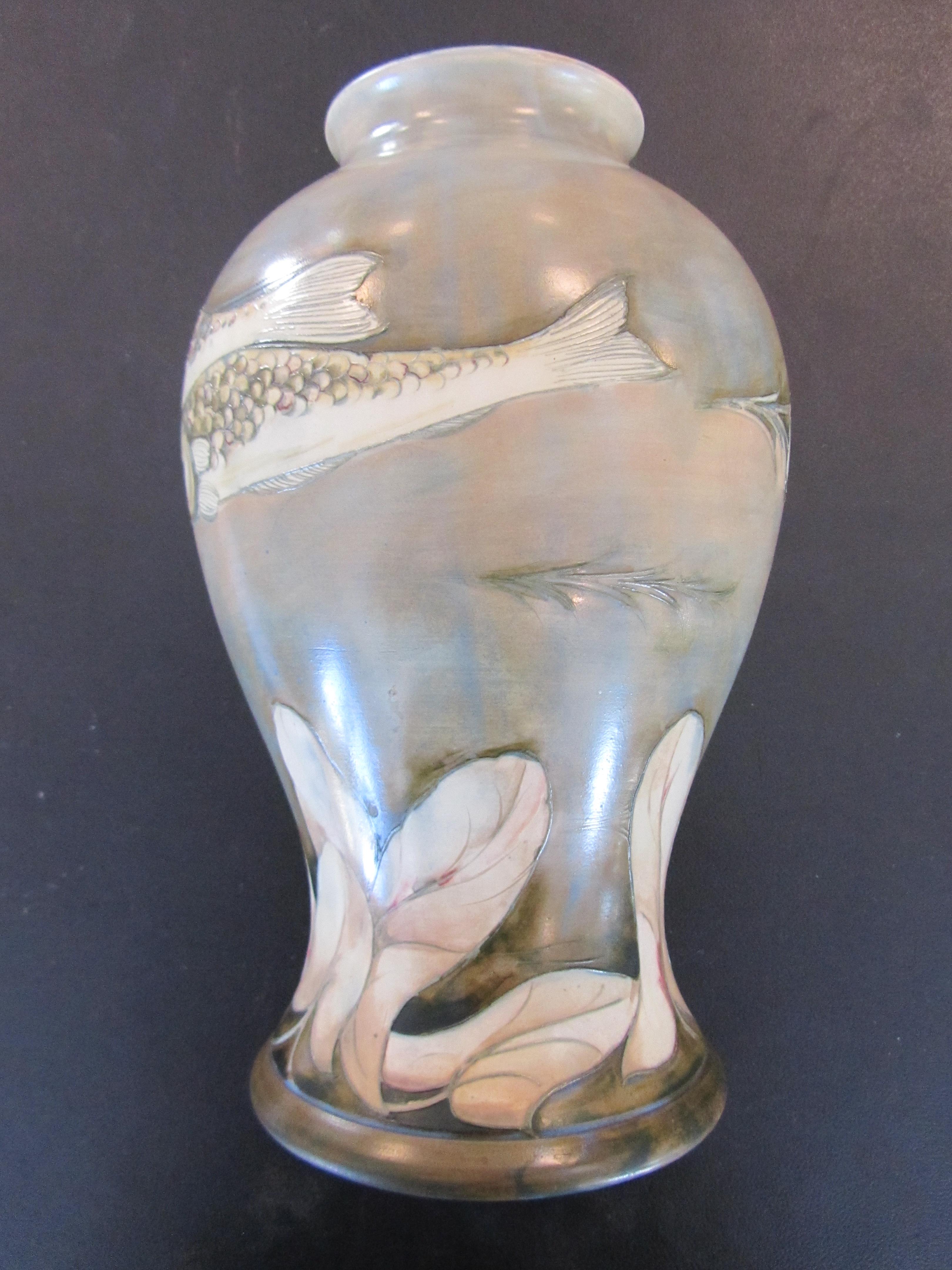 An unusual large William Moorcroft 'Fish' salt glazed vase, c1930's - Image 7 of 16