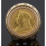 A Victorian fine gold sovereign, 1894 in heavy gold ring mount