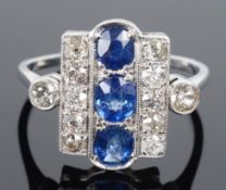 An attractive Art Deco sapphire and diamond panel ring