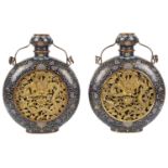 A large pair of fine Chinese late Quainlong 18th century pierced cloisonné moon flasks