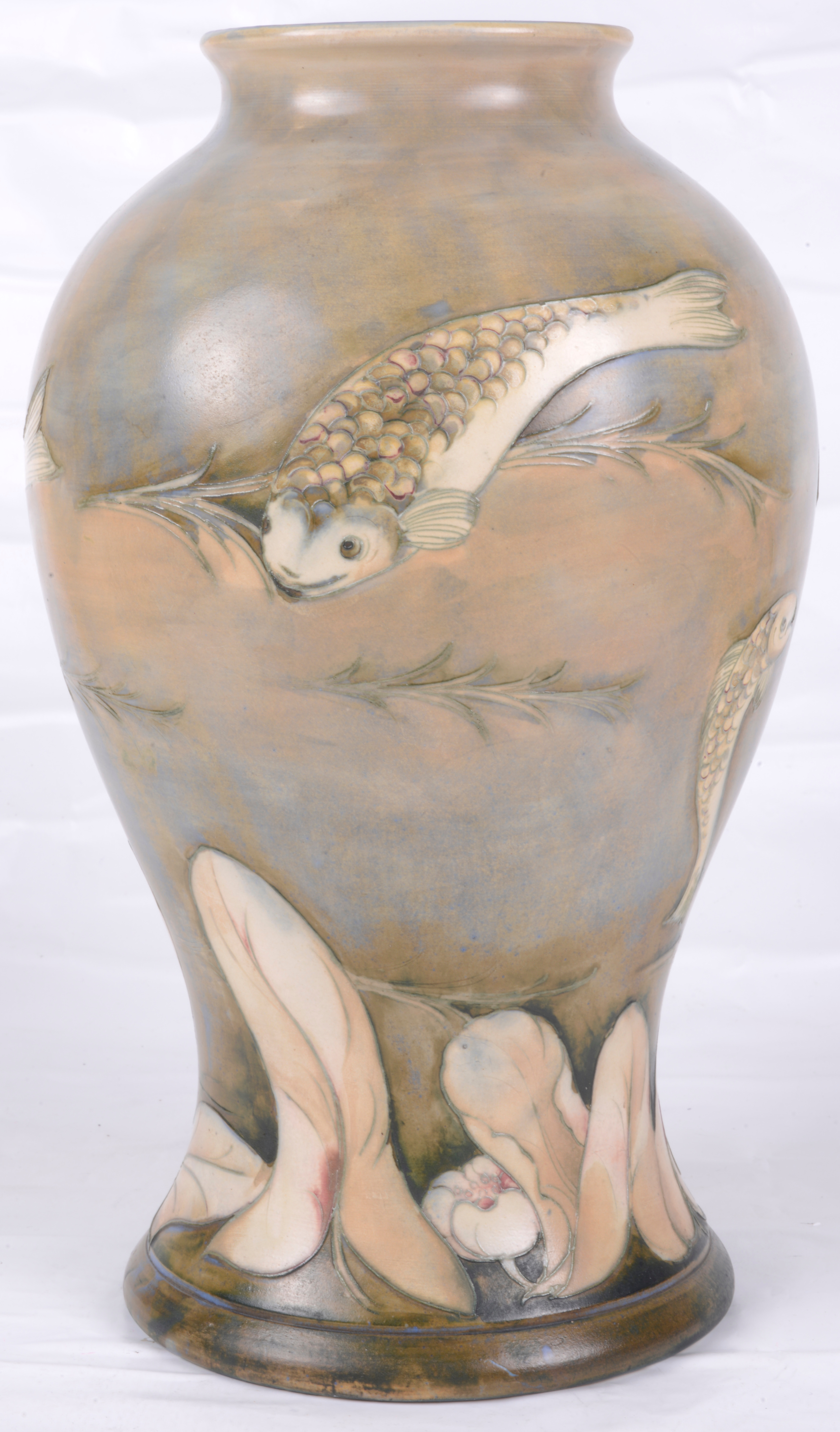 An unusual large William Moorcroft 'Fish' salt glazed vase, c1930's - Image 2 of 16