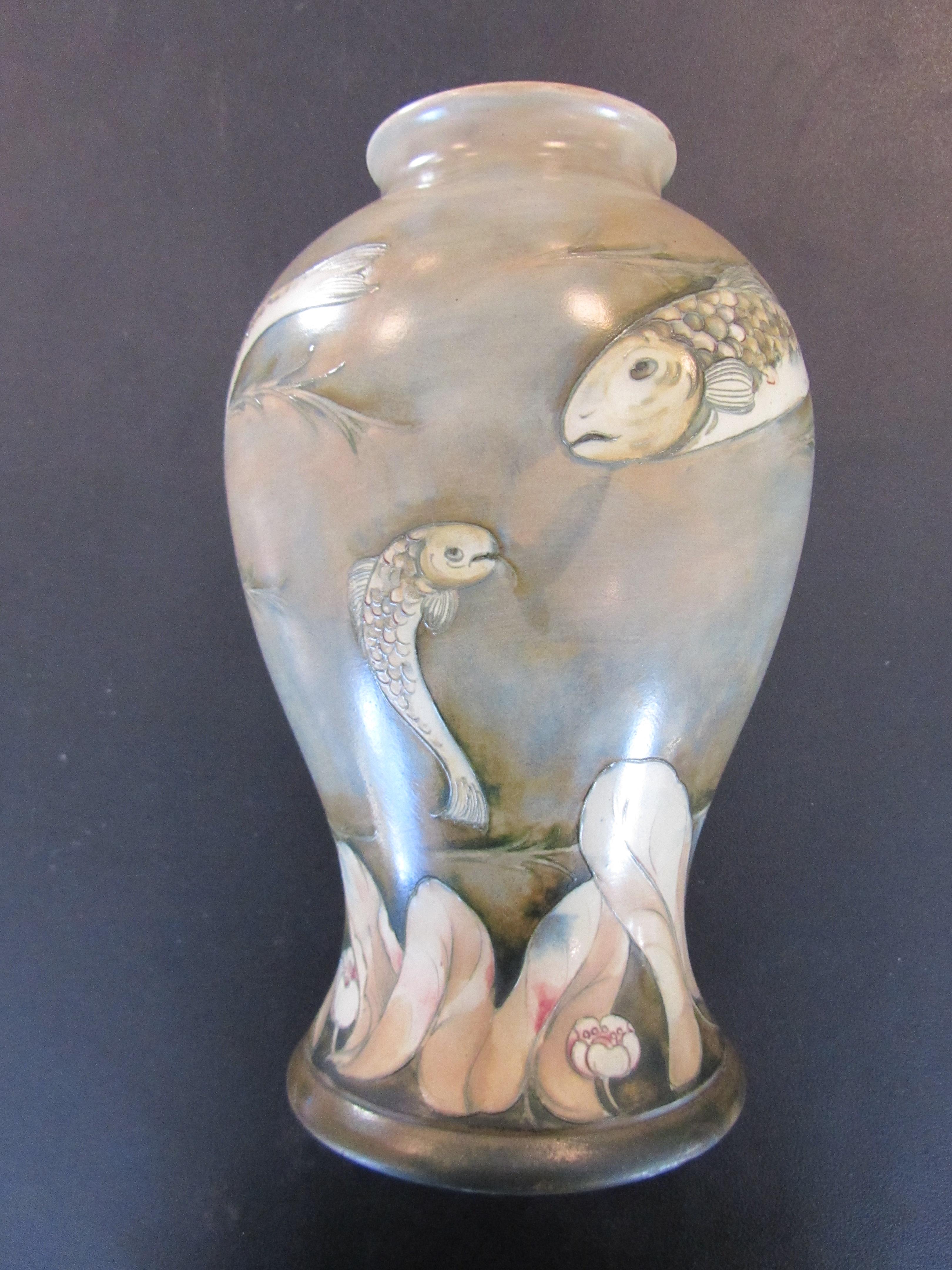 An unusual large William Moorcroft 'Fish' salt glazed vase, c1930's - Image 9 of 16