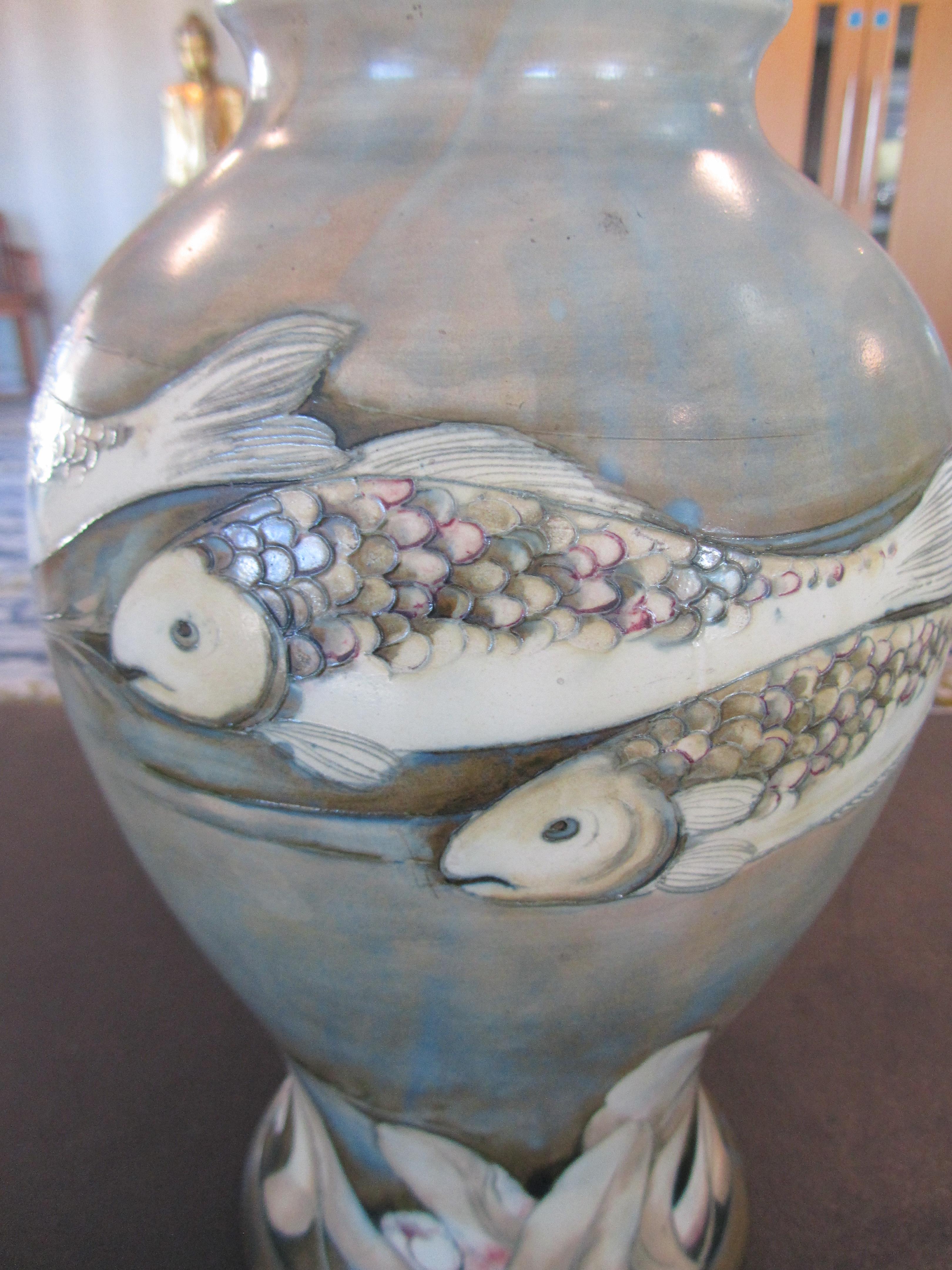 An unusual large William Moorcroft 'Fish' salt glazed vase, c1930's - Image 13 of 16