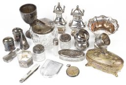 A collection of Victorian and later silver trinket dish, trophy cup, fruit knife, napkin ring,