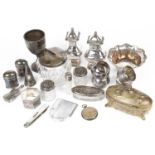 A collection of Victorian and later silver trinket dish, trophy cup, fruit knife, napkin ring,