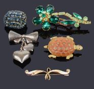 An amusing Art Deco poured glass and gilt turtle pin brooch