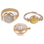 A 9ct gold ladies wristwatch, an 18ct gold ladies wristwatch and an 18ct gold pocket watch