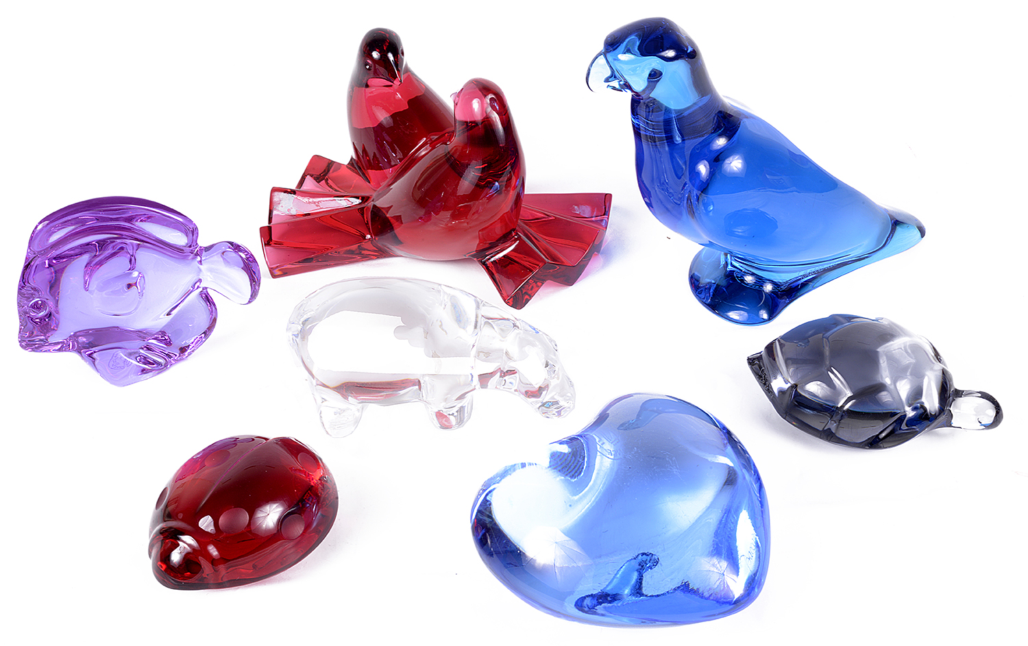 A collection of seven Baccarat glass animals and heart, 20th century