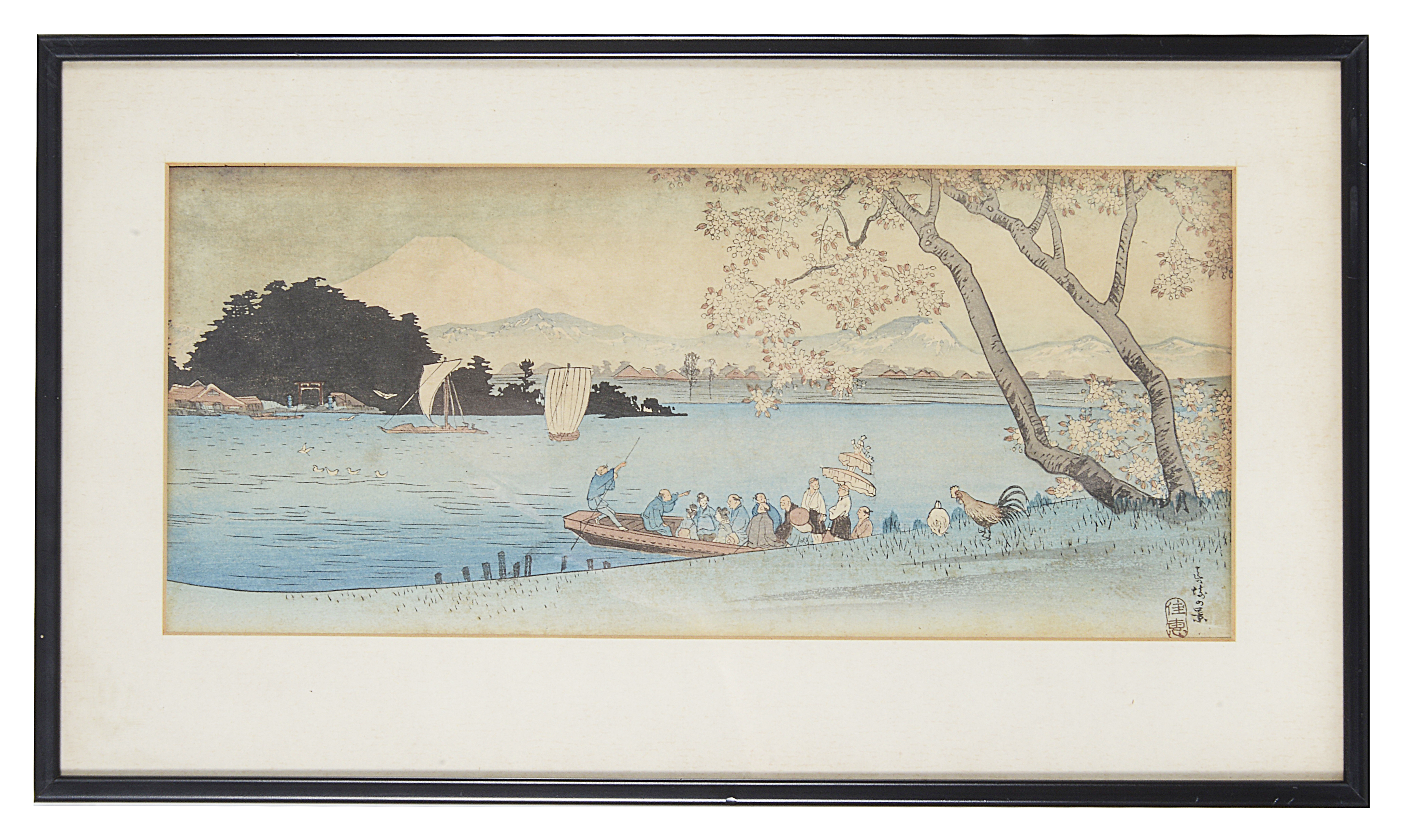 Two Japanese woodblock prints of river scenes, 20th century; others