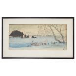 Two Japanese woodblock prints of river scenes, 20th century; others
