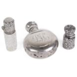 A combined silver compact and perfume bottle and two others