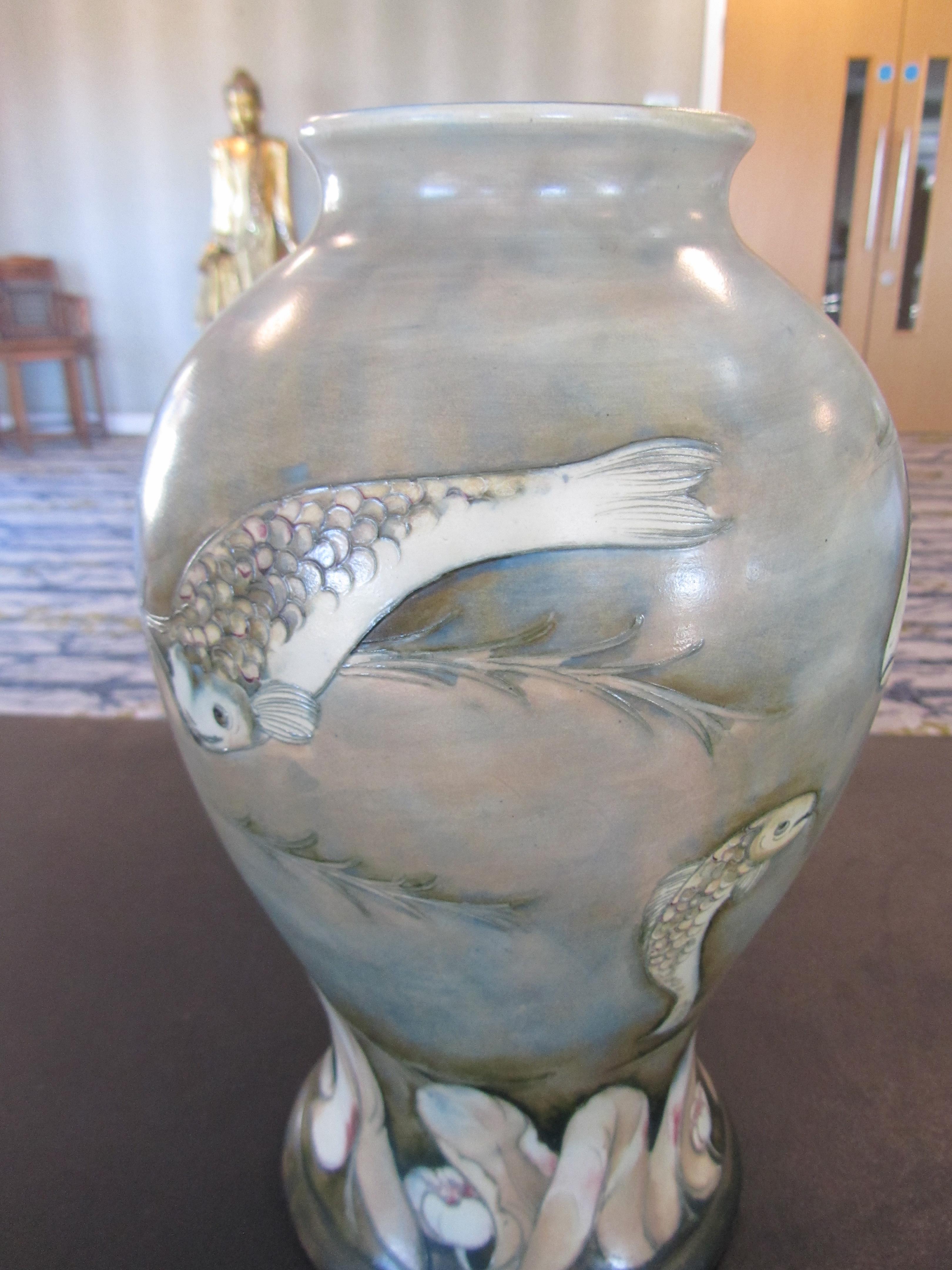 An unusual large William Moorcroft 'Fish' salt glazed vase, c1930's - Image 15 of 16