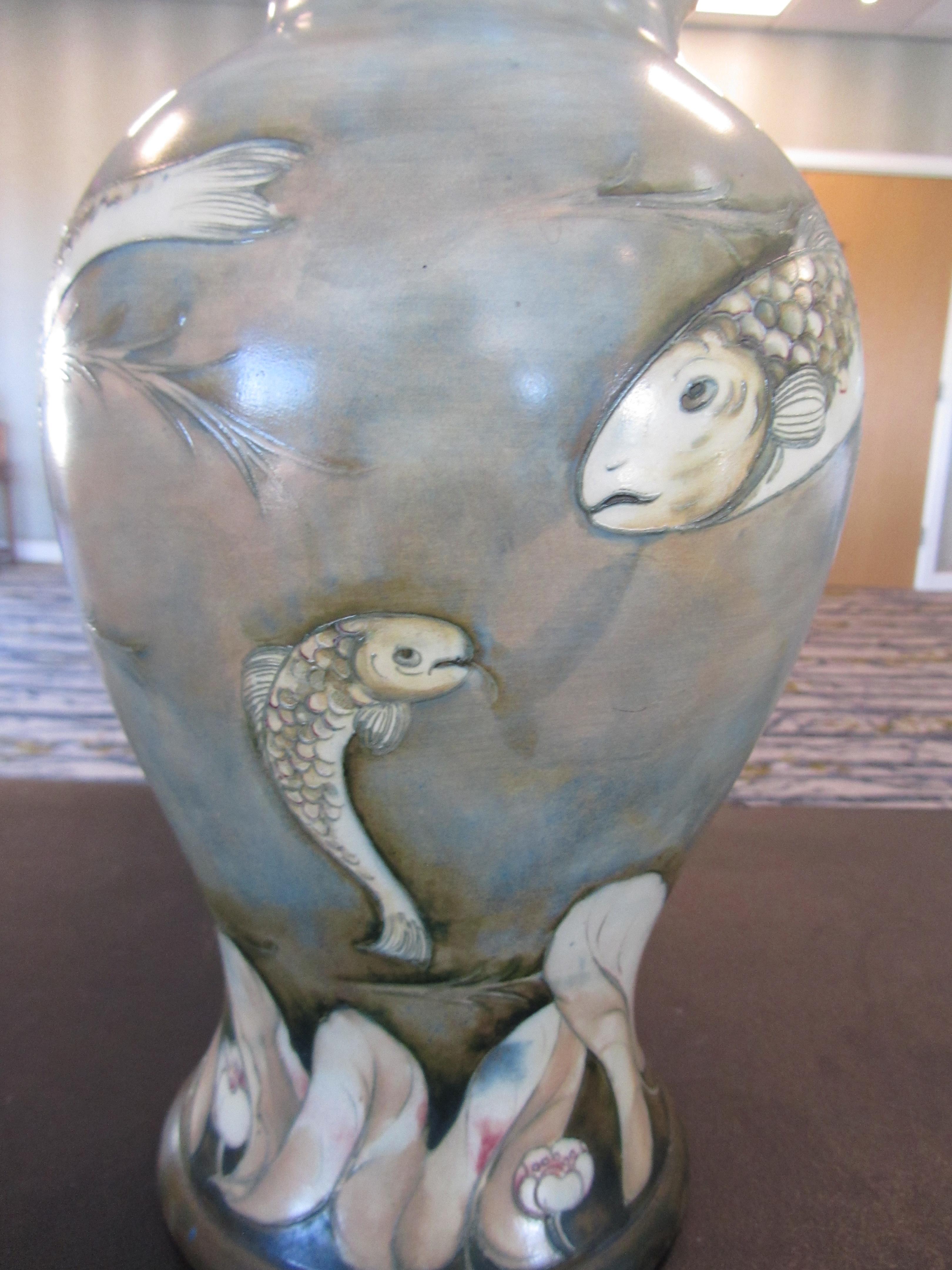 An unusual large William Moorcroft 'Fish' salt glazed vase, c1930's - Image 16 of 16
