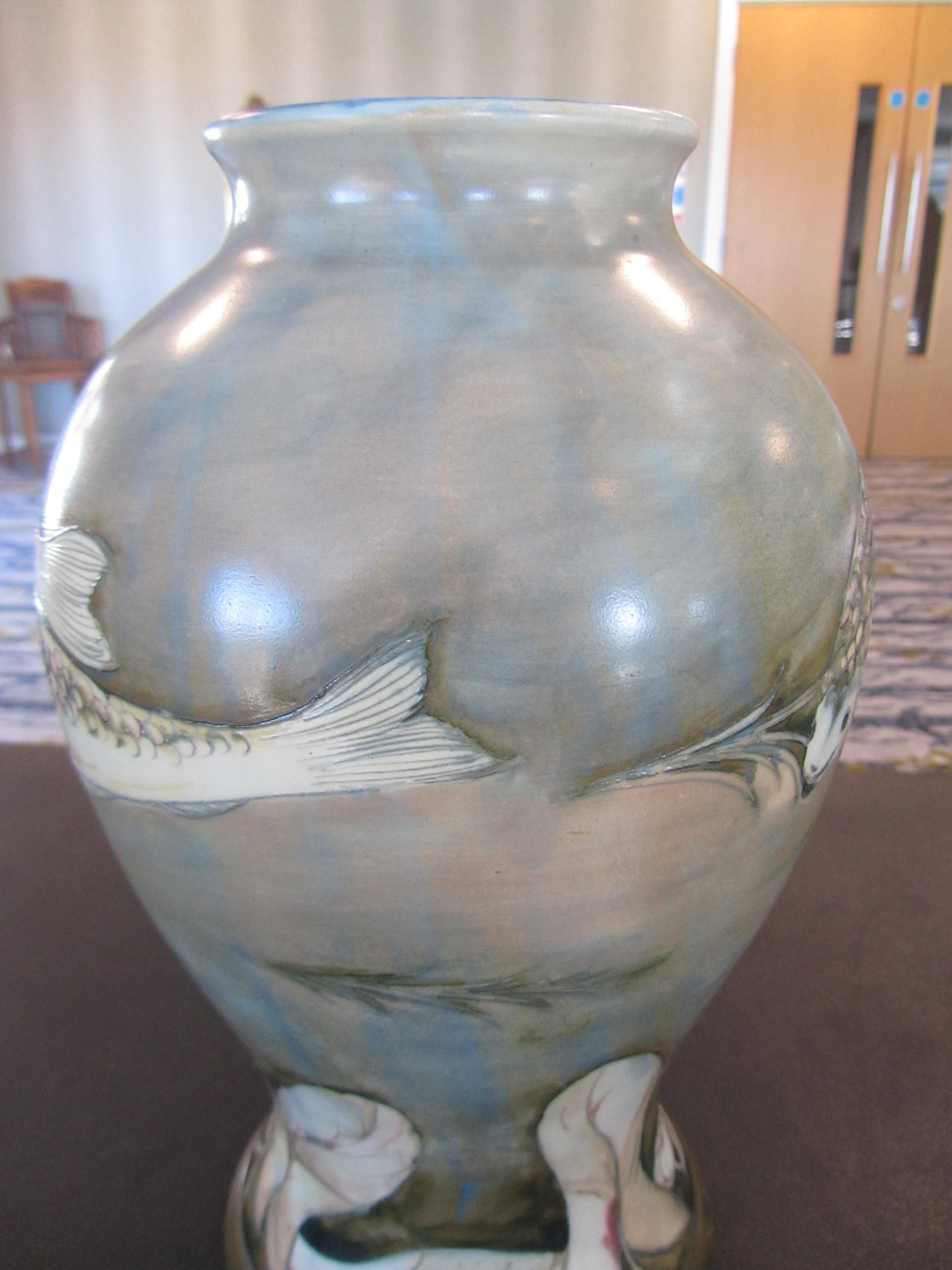 An unusual large William Moorcroft 'Fish' salt glazed vase, c1930's - Image 14 of 16