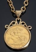 A mounted fine gold sovereign pendant on a 9ct gold chain