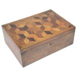 A Victorian parquetry sewing box with contents
