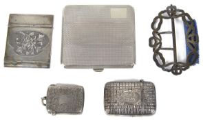 A collection of Victorian and later silver, cigarette case, vesta case, nurses buckle