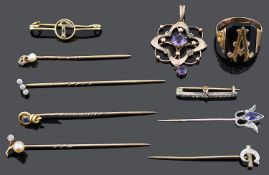 A collection of Edwardian jewellery including diamond stickpins