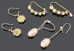 A pair of Chinese river pearl set ear hoops and two other pairs of earrings