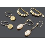 A pair of Chinese river pearl set ear hoops and two other pairs of earrings