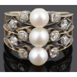 A charming belle époque diamond and cultured pearl ring