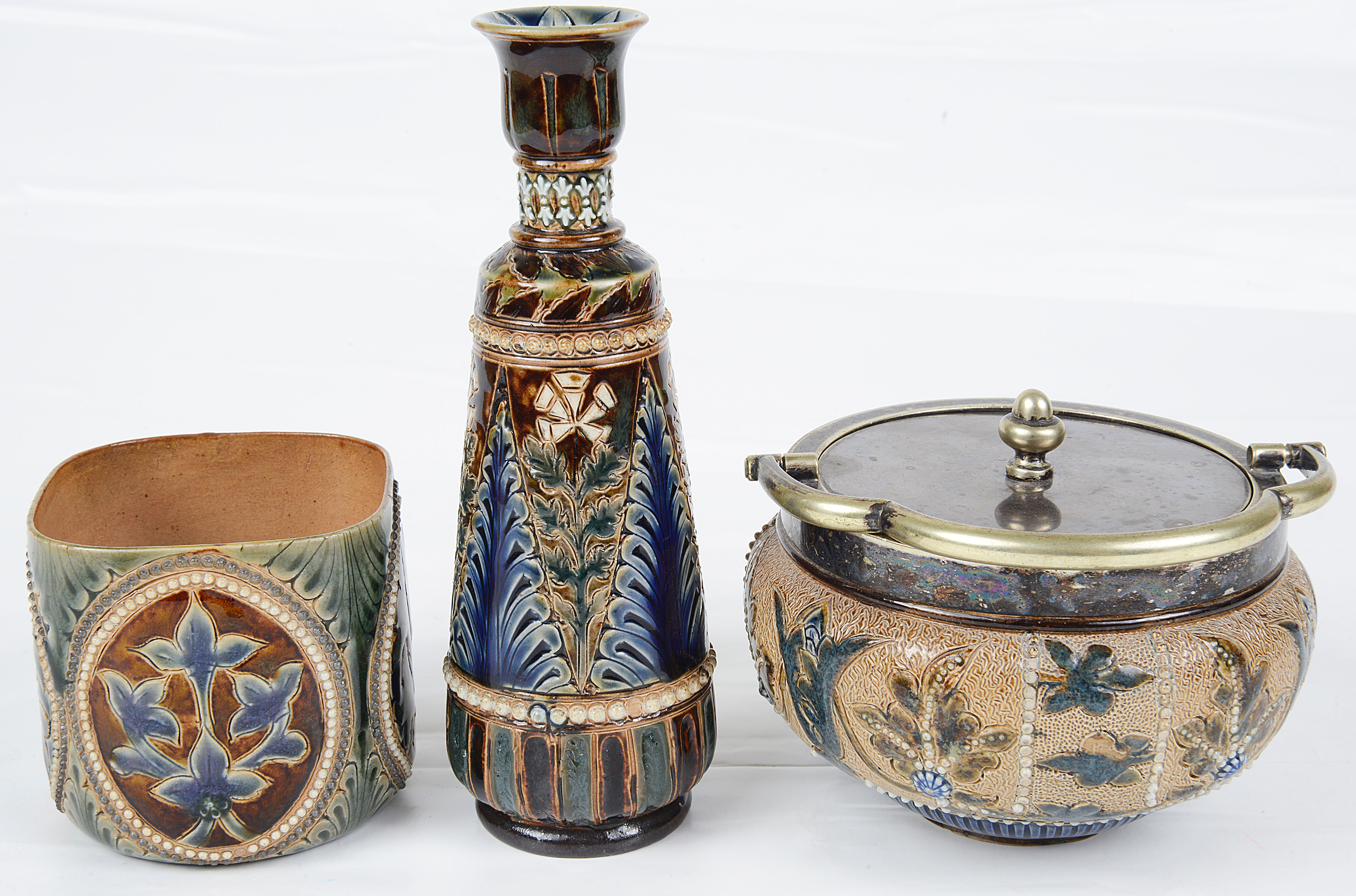 Three Doulton Lambeth stonewares, a vase, a beaker and a condiment jar with cover - Image 3 of 3