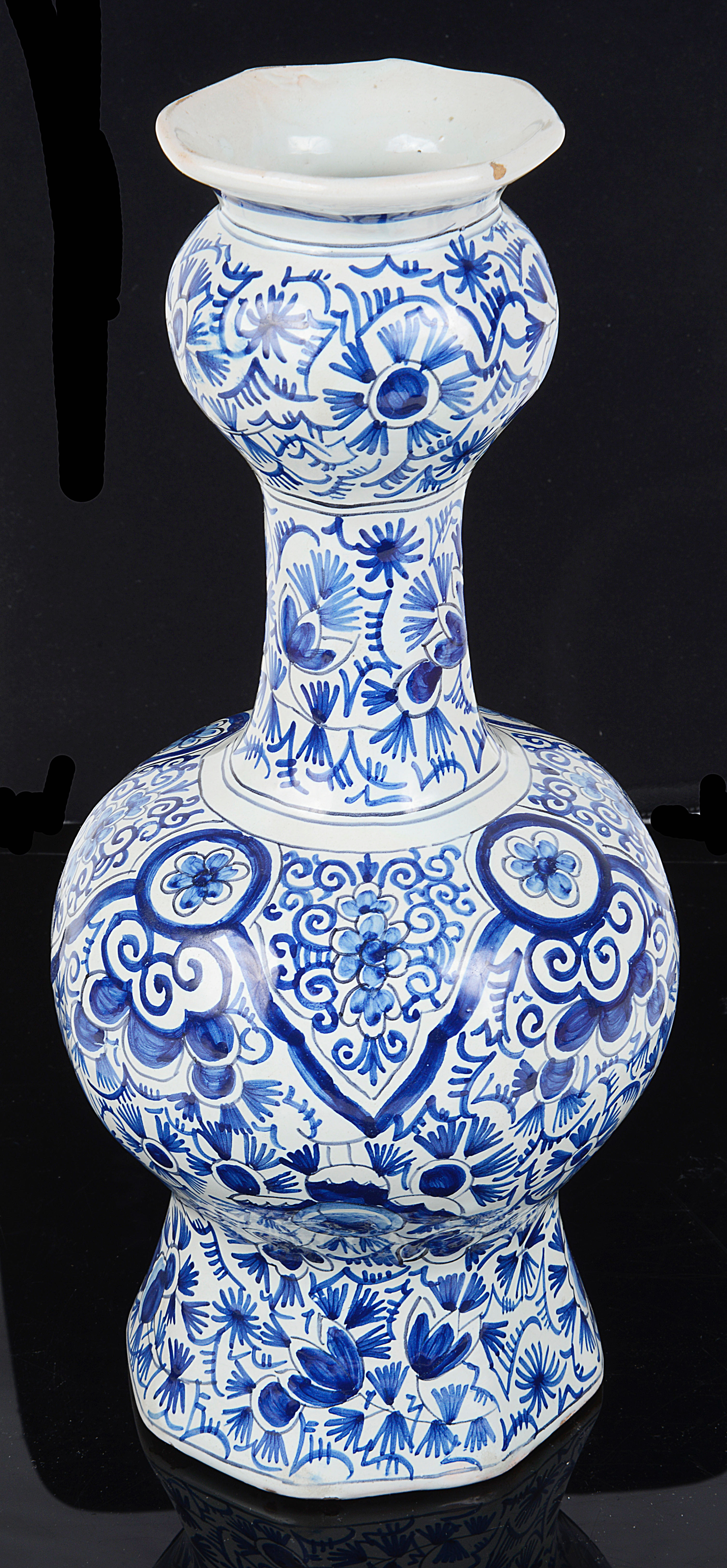 A Dutch Delft blue and white garlic necked octagonal bottle vase - Image 2 of 3