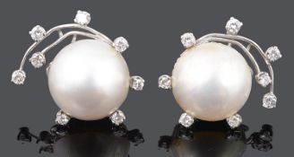 A pair of Continental mabe pearl and diamond 'comet' design ear rings