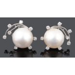 A pair of Continental mabe pearl and diamond 'comet' design ear rings