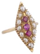 A Continental three stone ruby and baroque pearl marquis shaped ring