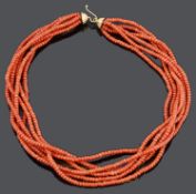 A Continental six strand red coral choker necklace