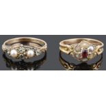 Two early Victorian half pearl and gem set rings