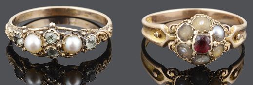 Two early Victorian half pearl and gem set rings