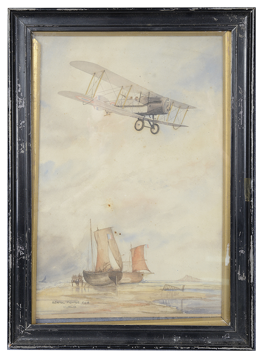 An interesting set of five early aviation watercolours of Bristol biplanes, three signed W J Miles - Image 5 of 5