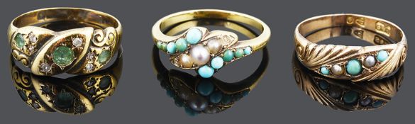 Two Victorian seed pearl and turquoise rings