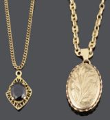 A 9ct gold locket on chain together with a garnet pendant