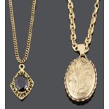 A 9ct gold locket on chain together with a garnet pendant